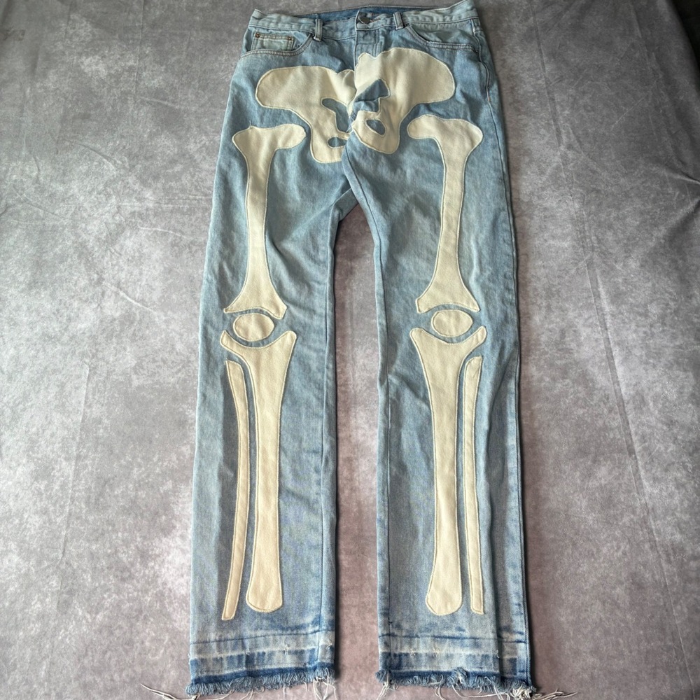Mnml D184 Skeleton Denim Jeans Light Wash Blue Bone Applique Mens 34 Streetwear